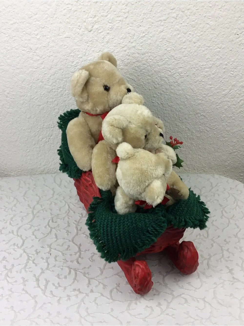 Plush Teddy Trio in Cream with Red Ribbons - Holiday Decorative Set